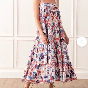 Mi Golondrina Mexico White Floral Blue & Pink Maxi Dress w/ Pockets Large